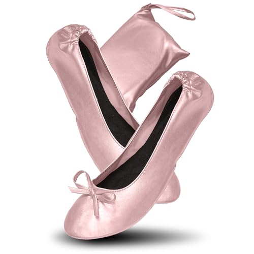 JJ PRIME - After Party Shoes with Foldable Bag Foldable Ballet Pumps Roll up Foldable Pumps (5/6 UK, Rose Gold)