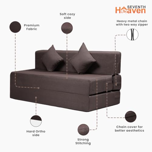 Image of Seventh Heaven Rejioce 3 Seater 5 * 6 Jute Fabric Washable Cover Sofa Cum Bed with 2 Cushions 3 Seater Double Foam Fold Out Sofa Cum Bed (Finish Color - Brown Delivery Condition - Pre-Assembled)