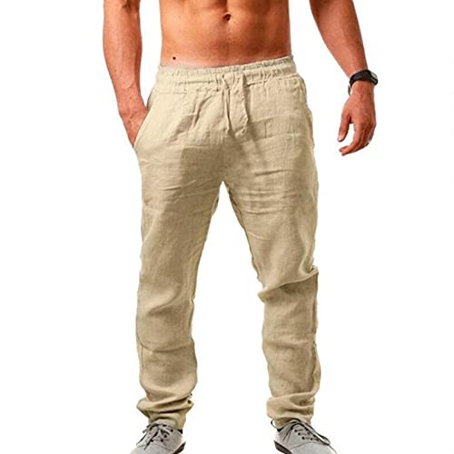 riou Algodón Pantalones Largos Casual Transpirable Ropa para Hombre， Pantalon Lino Corto de Suaves y Cómodos, Pantalones Transpirables de Verano de Color Sólido,para Playa/Hogar/Uso Diario