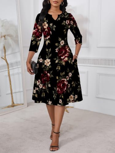 Image of PinkPatty Women's Casual 3 /4 Sleeve Midi Dresses Fit and Flare Church Work Dress with Pockets