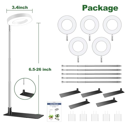 Image of Aokrean Halo Grow Lights for Indoor Plants, Full Spectrum with Base 5 Pack | 3.5in White Growing Lamp for Small Plants Herbs, Desk /Plug Install, 6.5-26in Adjustable, 3 Spectra, Auto Timer, Dimmable