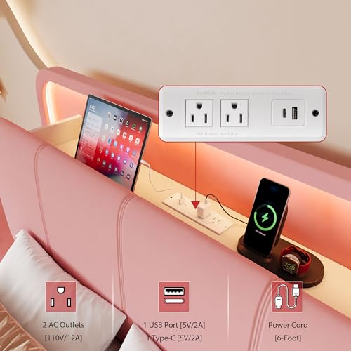 Image of Feonase Twin Upholstered Bed Frame with Storage Drawers and Headboard, Built-in Charging Station, Velvet Platform LED Bed with Solid Wood Slat Support, No Box Spring Needed, for Girls and Kids, Pink