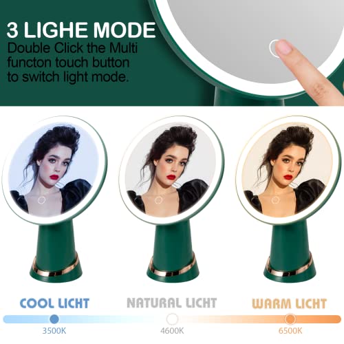 Naorwoy High Definition Makeup Mirror With Lights，7.7"High-Definition Mirror Surface， With 3 Color Setting Adjustable Led Vanity Desk Mirror。 90° Rotation Dimmable Rechargeable Make Up Mirror (Green) #TOP2