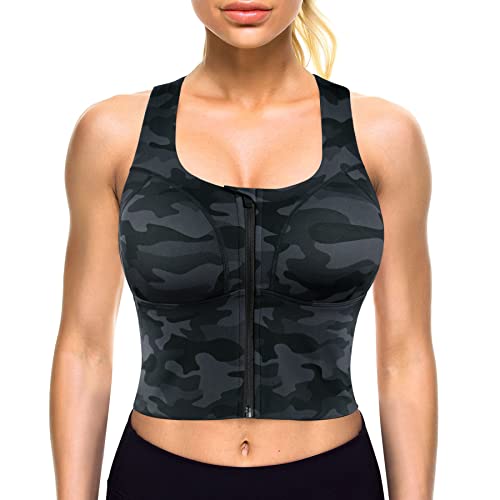 CYDREAM Lange Sport-BHs mit Reißverschluss vorne für Damen, bauchfreies Tank-Top, überkreuzte Rückenunterstützung, Fitness, Yoga, Workout-Shirts, Grau, Camo, Medium CYDREAM Lange Sport-BHs mit Reißverschluss vorne für Damen, bauchfreies Tank-Top, überkreuzte Rückenunterstützung, Fitness, Yoga, Workout-Shirts, Grau, Camo, Medium