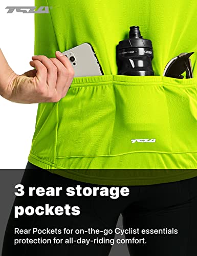 Tsla Men's Short Sleeve Bike Cycling Jersey, Quick Dry Breathable Reflective Biking Shirts With 3 Rear Pockets, Cycle Short Sleeve Neon Yellow, Medium #TOP3