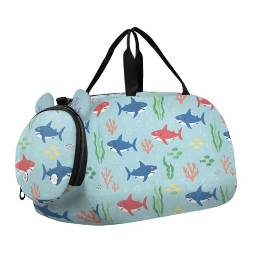 Sea Sharks Coral Blue Print Kids Duffel Travel Bag Boys Girls Dance Bag Gym Cheer Overnight Weekend Tote with Adjustable Straps