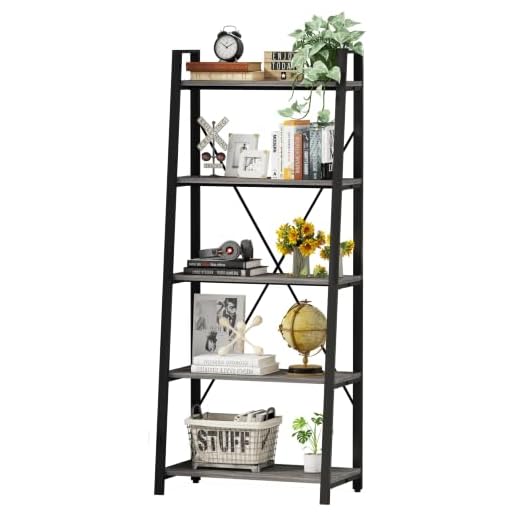 BON AUGURE Industrial Ladder Shelf, Rustic 5 Tier Leaning Bookshelf, Wood Metal Ladder Bookcase (Dark Grey Oak)