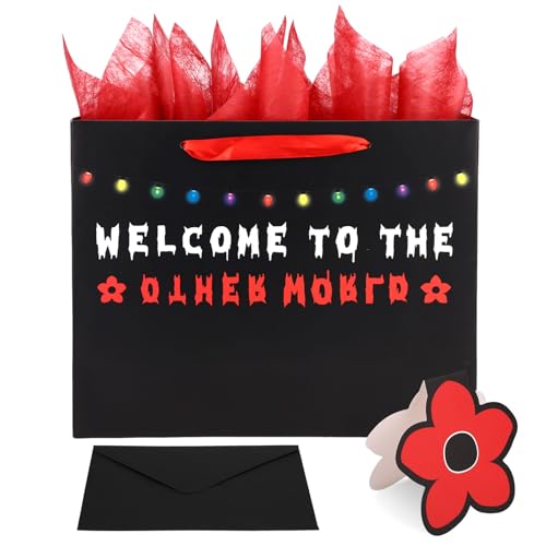 Csoisoy Welcome to an Other Side Gift Bags Set Invert Demon-Themed Goodie Favor Bags with Greeting Card Envelope and Crepe Papers for Devil-Themed Birthday Party Decorations Decor Supplies