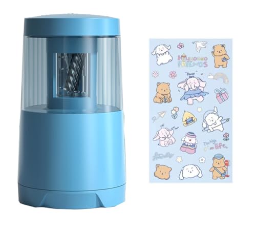 【2年保証付き】電動鉛筆削り シャープナー USB/電池式 6-8mm対応 色鉛筆/デッサン/小学生用 3段階調整 静音設計 替刃交換可能 削りくずボックス付き 入学祝い/美術用品に+可愛い貼り紙プレゼント (ブルー)