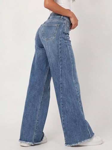 Trendy Queen Women's Wide Leg Jeans, Relaxed Loose with Raw Hem Pants Blue additional image 2