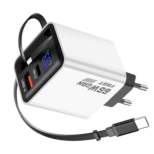 Cargador GaN 65W 3 en 1 blanco con cable USB-C extensible para iPhone y Switch