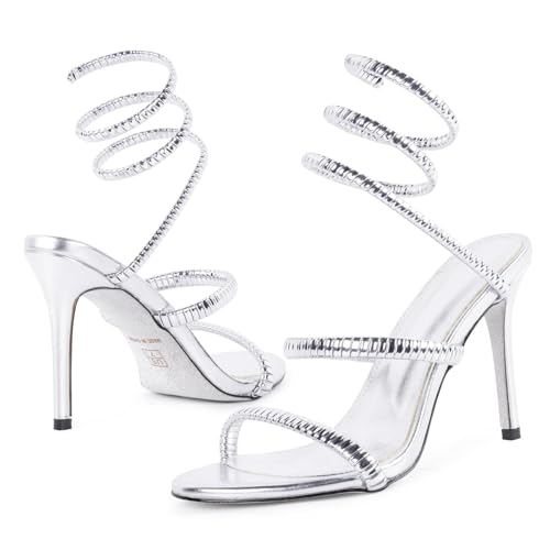 Image of perixir Gold Heels for Women, High Heels with Spiral, 4.17 inch Stiletto Heeled Sandals for Dressy Women, Lace Up Sandals Comfortable Slingback Sandal