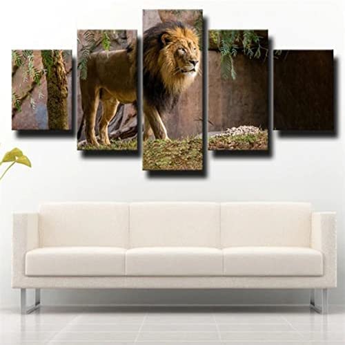 Tableau multi panneau lion 5 pièces decoration murale 100x50 cm avec cadre