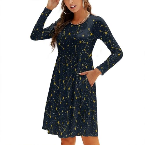Constellation - Vestidos de otoño para mujer 2024, vestidos de manga larga elegantes midi fluidos para mujer con bolsillo, Negro, Large