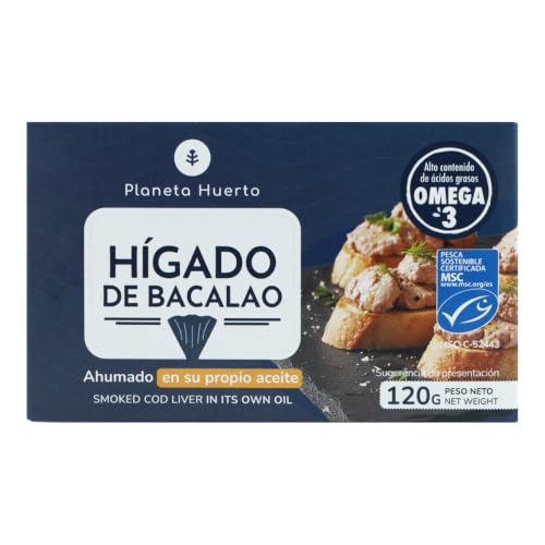 PLANETA HUERTO | Hígado de Bacalao Ahumado 120 g - Bacalao Salvaje de Islandia - Alto Contenido en Omega-3 EPA+DHA - En su Propio Aceite - Sin Conservantes Añadidos, Pesca Sostenible MSC