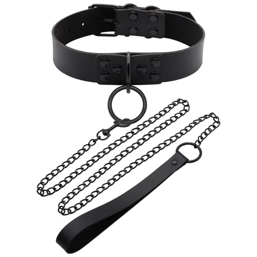 Choker Necklace for Women, Goth Accessories Womens Necklaces, Black Leather Choker Collar with Chain, Charm Necklace Sexy Gothic Clothes, Rave Outfit Halloween Cosplay Costume Jewelry for Women & Men