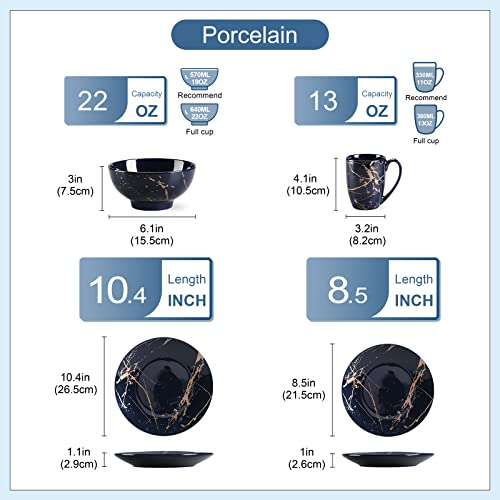 LOVECASA 'Daphne', 16 Pieces Porcelain Dinner Set Color Glaze with Gold Plate Crockery Set Kitchen Dinnerware Set with Dinner Plates, Dessert Plate, Bowls and Mugs, Service for 4, Blue