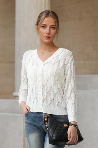 Image of Women's 2025 Crochet Sweater Cardigan 3 /4 Sleeve Lightweight Summer Knit Sweater | Open Front Boho Shrug Top | Beach Cover-Up & Office Wear | Machine Washable 21-White-L