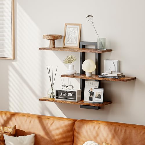 Image of Homode Floating Shelves for Wall, Wood Wall Shelves for Bathroom, 3 Tier Shelves for Wall Decor, Decorative Hanging Storage Shelf for Bedroom Kitchen Living Room, Rustic Brown and Black