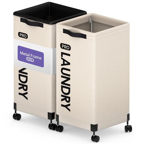 Caroeas Next-Gen 105L Matel Frame Laundry Basket with wheels, Heavy Duty Tall Rolling Laundry Hamper with Removable Wash Bag, Collapsible Freestanding Clothes Hamper (100L,Beige,2Pack)