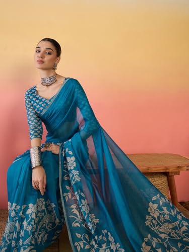 Image of AKHILAM Women's Cotton Printed Saree With Unstitched Blouse Piece