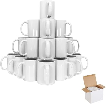 24 Coffee Mugs 11oz Blank White Large Handle Double Layer Coated for Sublimation Heat Press Transfer Printing, Blank Cups with Boxes