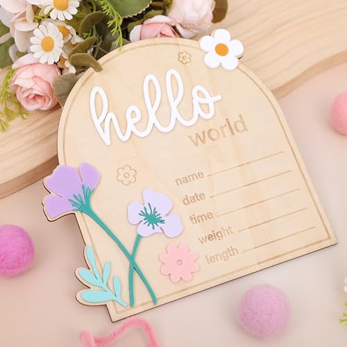 Image of Daisy Hello World Wooden Card - Baby Girls Birth Announcement Board,Newborn Information Record For Hospitals,Daisy Milestone Card Photo Props,Welcome Baby Party Nursery Decorations (hello world card)