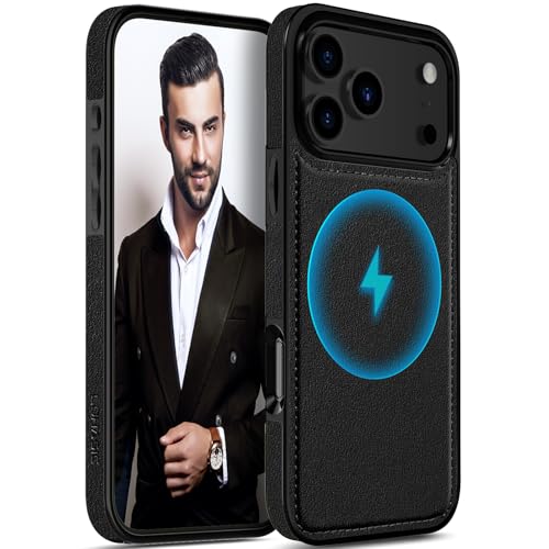 Black leather-look iPhone 17 Pro case with stitched edge — the matte finish and raised bezel are what the protection claims rest on