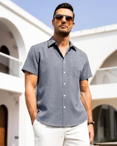 Image of Alimens & Gentle Mens Linen Shirts Short Sleeve Button Down Shirts Wrinkle Free Casual Vacation Beach Summer Tops