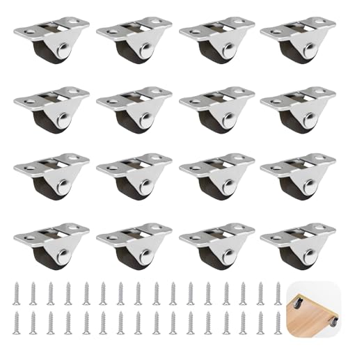 Small Castor Wheels, 16 Pack 0.5 Inch Rubber Castor Wheels with 32 Screws, Casters for Furniture, Low Profile Silent Caster with Steel Top Plate for Small Appliances Furniture DIY Project(Brown)