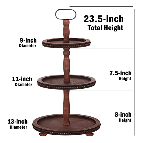 Urban Deco Wooden Tiered Tray 3-Tier Decorative Tray Stand Farmhouse Serving Tray, Round Wooden Cupcake Display Stand with Metal Handle, Brown Tiered Fruits Tray for Home Party Decorations — view 2