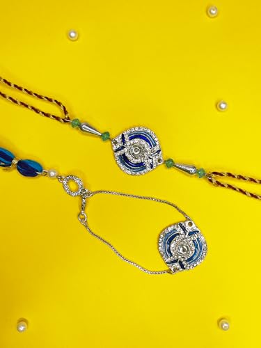 Image of Mahi Bhaiya Bhabhi Rakhi Set with Crystals and Meenakari Work Bracelet Style Lumba - Rakhi for Brother and Bhabhi(PARCOL1105339PR)