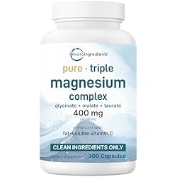 Micro Ingredients Pure Magnesium Complex, 300 Capsules | Triple Magnesium Glycinate, Malate, Taurate with Vitamin C | 100% Chelated | Supports Muscles, Nerves, & Energy | Only Active Ingredients