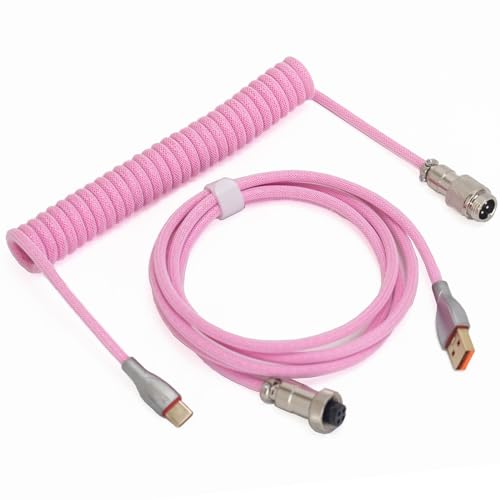Braided Keyboard Cables 1.5m Coiled Type-C to USB A with Detachable Aviator Connector.for Gaming Keyboard/Tablet (Pink)