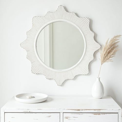 20" Boho Circle Wall Mirror White Wooden Framed Sun Mirror Round Bathroom Mirror Decorative Hanging Vanity Mirror with Tassels Nursery Mirrors for Girl Living Room Bedroom Entryway - Image 5