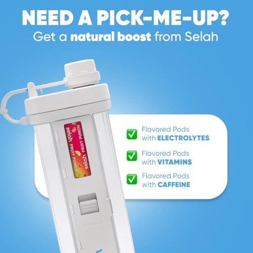 Selah Flavored Water Bottle - Sugar Free, Vitamin Infused Water - 20oz With Flavor Pods - Energy Drink, Strawberry, Sports Drink (White, 4 Pods)