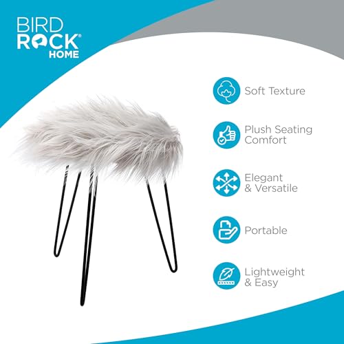 BIRDROCK HOME Round Faux Fur Foot Stool Ottoman with Black Hairpin Legs - Cozy & Stylish Makeup Chair w/Metal Legs - Soft Padded Vanity Seat for Desk, Table in Bedroom, Living Room, Kids Room - Grey