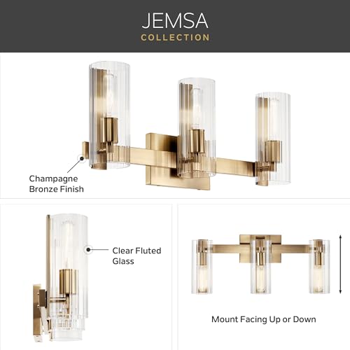 Image of Kichler Jemsa 3-Light Bathroom Vanity Light Fixture with Clear Fluted Glass in Champagne Bronze for Modern Bathroom or Powder Room Wall Lighting (9.75 x 22.75 in), 55168CPZ