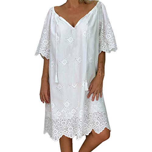Sunnywill Women Skirt, Women's Ladies Loose Solid Half Sleeve Lace V-Neck Knee Length Dress Womens Comfortable Practical Formal Dress Cocktail Dress White