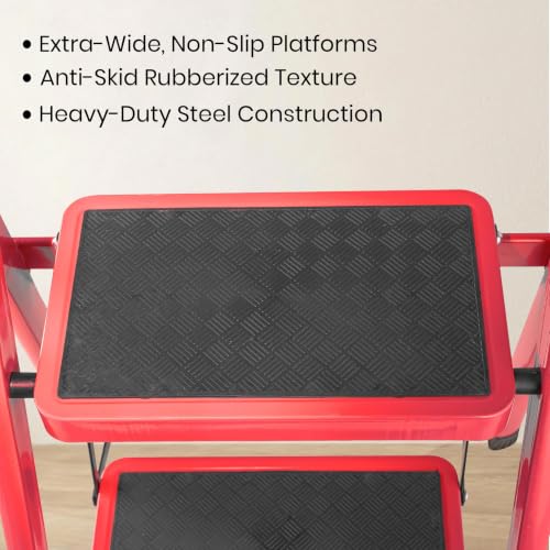 Image of Casa Copenhagen Red 7 Step Ladder for Home Use with Built-in Tool Tray | Heavy Duty D Shape Rods | Ultra Large Platform | Wide Rubber Feet | 150Kg Capacity Foldable Ladder - 7 Years Warranty