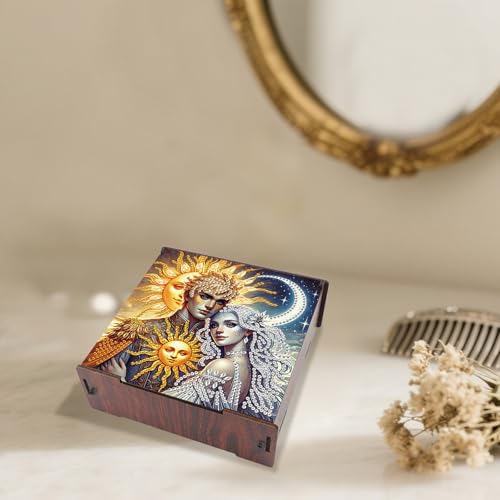 Image of DIY Diamond Art Storage Box, Sun & Moon Deity Design Wooden Diamond Painting Case with Flip-Top Lid and 4 Divided Compartments, Desktop Craft, Jewelry and Accessories Supplies Storage Container