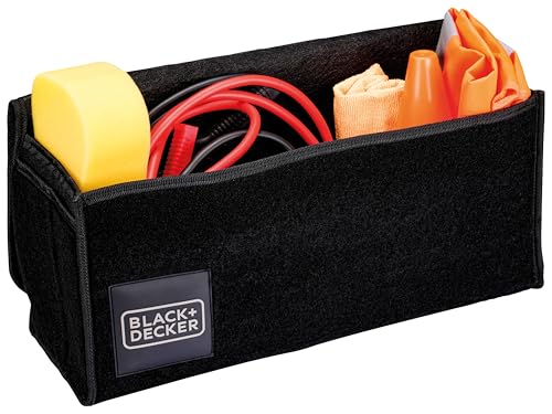 BLACK+DECKER Kofferraum Organizer - Auto Organizer 55 x 15 x 23 cm - Auto Zubehör Innenraum mit 1 Großem Fach und 2 Einstecktaschen - Mit Klettverschluss - Schwarz