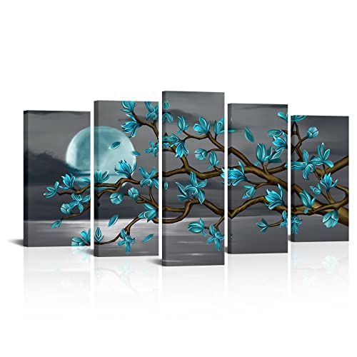 Visual Art Decor Turquoise Flower Tree Wall Art Large Canvas