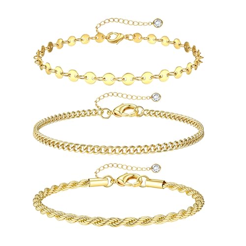 Image of MILACOLATO 18K Gold Plated Bracelet Set for Women & Men - Adjustable Stackable Bangles, Cuff, Herringbone CZ Tennis Waterproof Chain Jewelry Gift