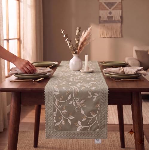 Image of Premium Embroidered Dining Table Runner 6 Seater | Washable Heat Resistant Fabric | Cotton-Silk Blend | Fits 4 & 8 Seater Dining Table | Centre Table Decor | 13 x 72 Inch | Olive-Grey