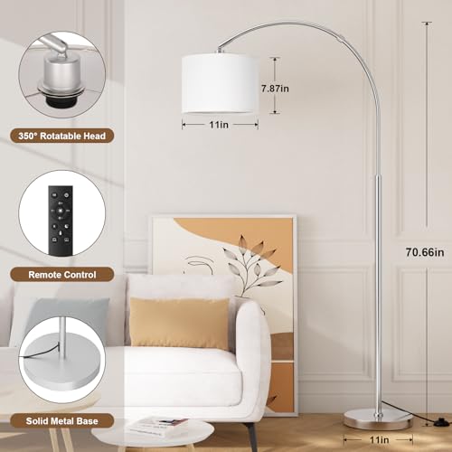 Ambimall Dimmable Arc Floor Lamp with Remote, Color Temperatures and Brightness Adjustable, Arched Floor Lamp with Rotating Head, Over Couch Arched Reading Light for Living Room (White and Silver) by Ambimall - Used condition - Image 2