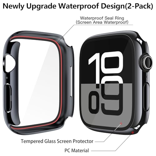 Image of Misxi [2 Pack] Waterproof Hard Case with Tempered Glass Compatible with Apple Watch Series 11 (2025) Series 10 46mm, Overall Protective Cover for iWatch Screen Protector, 1 Jet Black + 1 Transparent