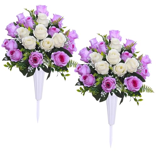 Lodou Artificial Cemetery Flowers,Outdoor Grave Decorations Roses, Memorial Flowers Bouquet with Cemetery Vase,2 Sets (Purple)