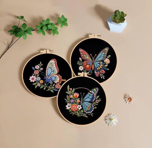 Image of Konrisa Flower Butterfly Embroidery Kits for Adults, Stamped Embroidery Starter Kit with Hoop,DIY Sewing Needlepoint Cross Stitch Kit, Set of 3