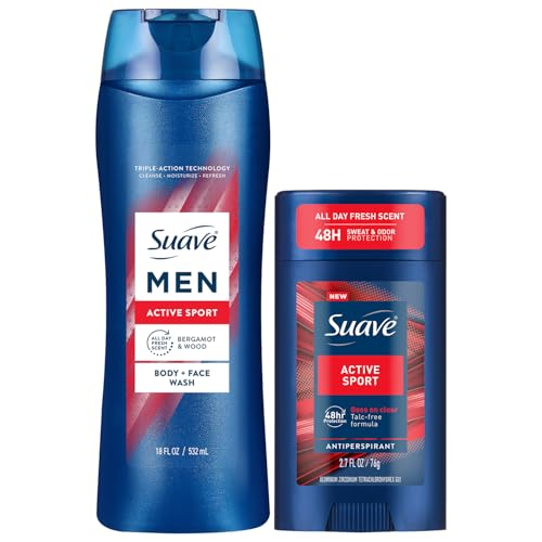 Suave Men’s Body Wash, Active Sport + Antiperspirant Deodorant for Men, Active Sport, Bergamot & Wood, 48H Sweat & Odor Protection (2 Piece Set)